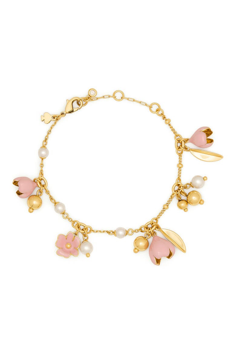 golden bloom flower charm bracelet, Main, color, PINK.