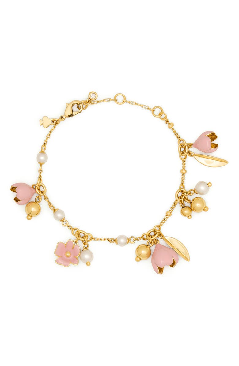 Kate Spade New York golden bloom flower charm bracelet, Main, color, Pink.