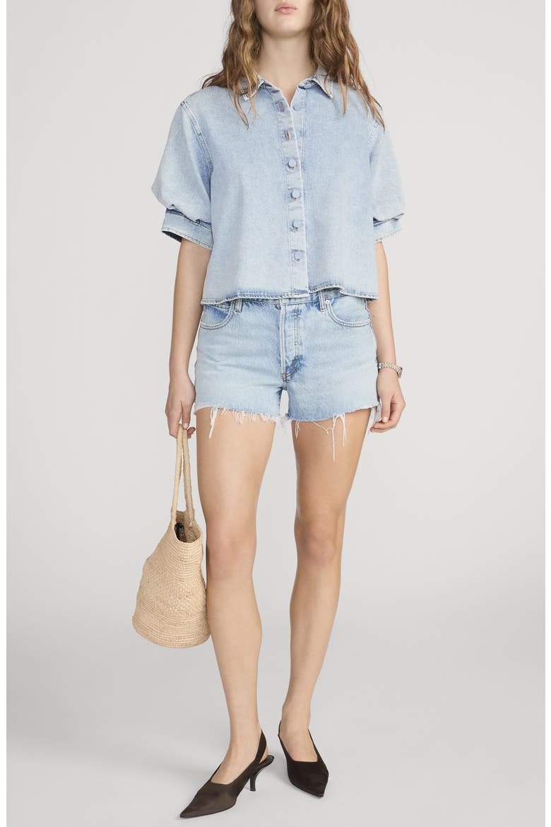 The Billow Sleeve Denim Button-Up Shirt, Alternate, color, PUFFIN