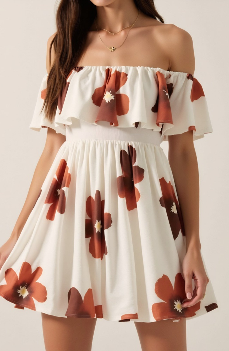 Modenaire Off-the-Shoulder Floral Ruffled Flared Mini Dress, Alternate, color, White / Brown Floral