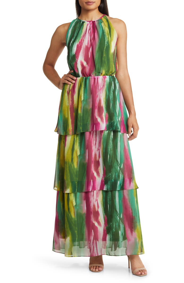 Donna Ricco Abstract Print Sleeveless Tiered Maxi Dress, Main, color, 