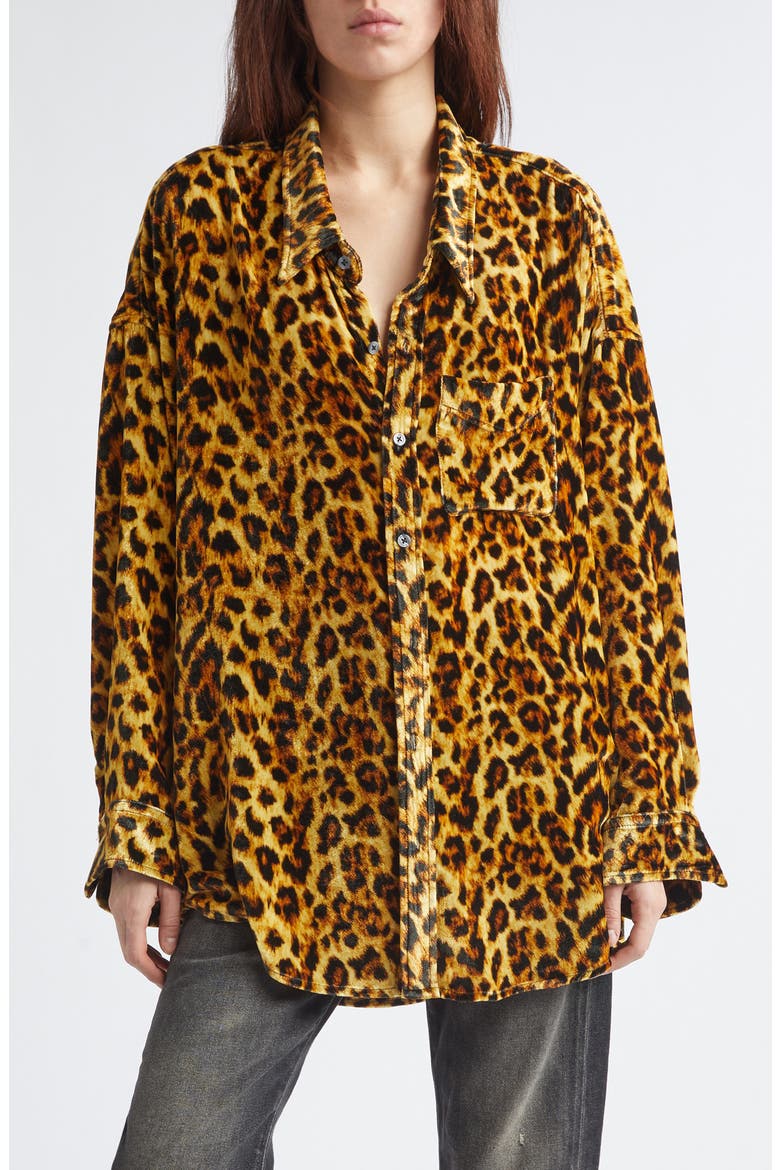 Leopard Print Drop Neck Velvet Button-Up Shirt, Main, color, LIGHT BROWN LEOPARD