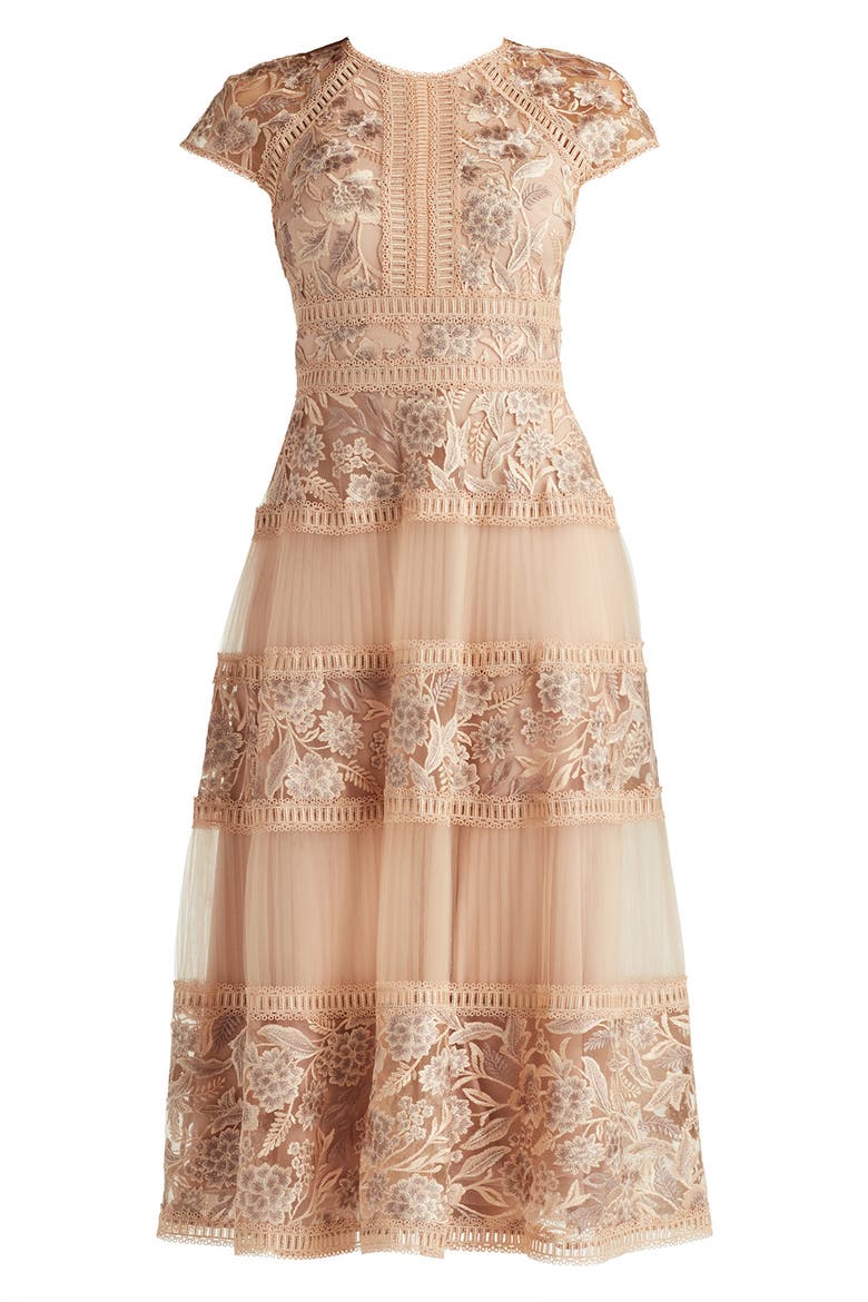 Lace & Mesh Midi Dress, Alternate, color, PEBBLE