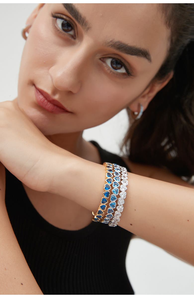 Classicharms Heart Shaped Cubic Zirconia Cuff Bracelet Set, Alternate, color, Silver