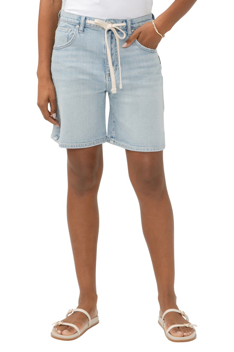 Be Easy Drawstring High Waist Long Denim Shorts, Main, color, INDIGO