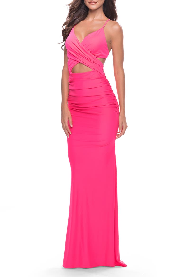 Cut Out Long Soft Jersey Dress with Criss Cross Bodice in Neon, Main, color, Neon Pink