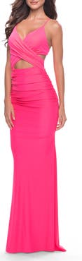 La Femme Cut Out Long Soft Jersey Dress with Criss Cross Bodice in Neon