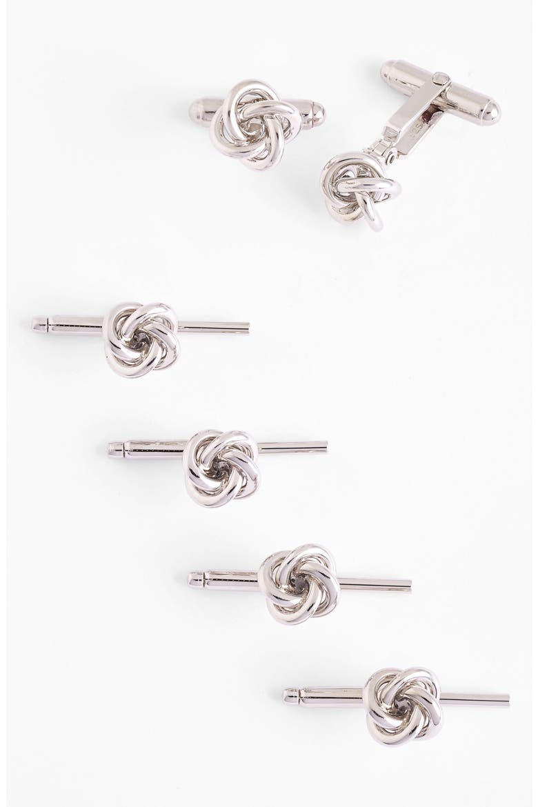 Knot Cuff Link & Stud Set, Alternate, color, STERLING SILVER