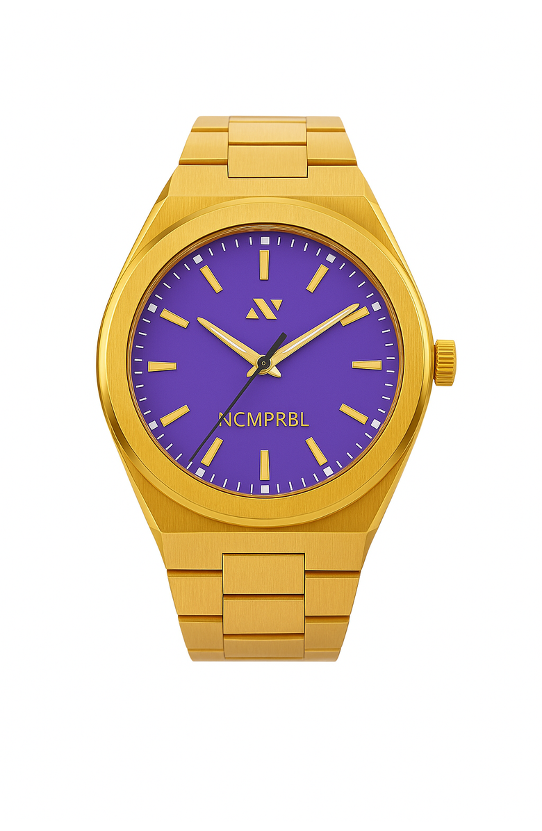 NCMPRBL Elevate Link Peri Bracelet Watch, 42MM, Main, color, Yellow Gold/Purple