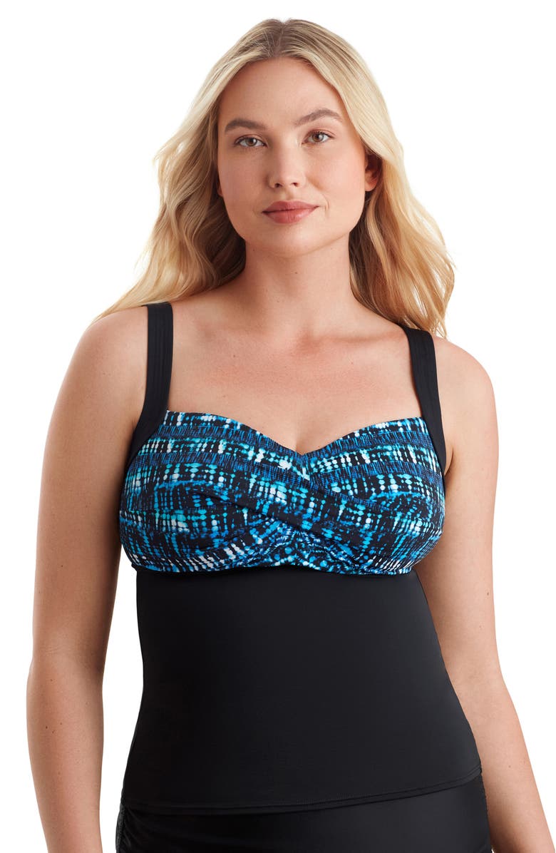 ShapeSolver Sport Twist Bra Chlorine Resistant Tankini Swimsuit Top, Main, color, Blue Tribal Stripe