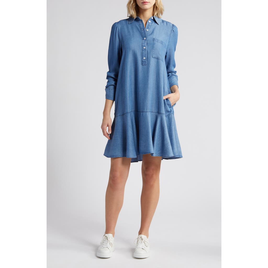 CASLON CASLON® FLOUNCE HEM LONG SLEEVE CHAMBRAY SHIRTDRESS