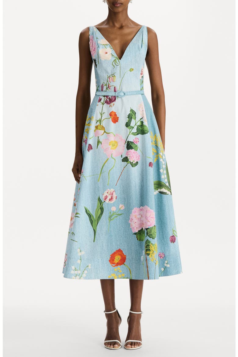 Botanical Belted Poplin Midi Dress, Main, color, BLUE MULTI