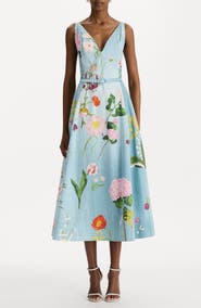 Oscar de la Renta Botanical Belted Poplin Midi Dress