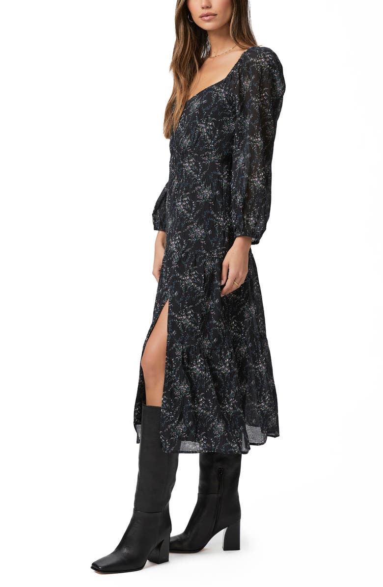 PAIGE Libra Puff Shoulder Long Sleeve Midi Dress, Alternate, color, Black Multi