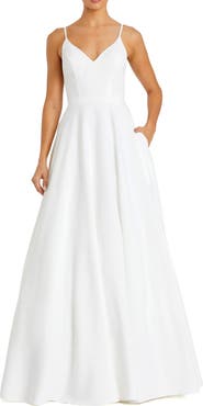 Mac Duggal Petite V-Neck Ball Gown with Belted A-Line Skirt