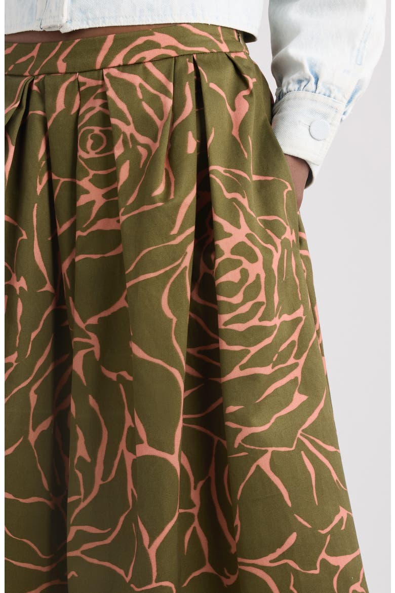 Soni Giant Couture Rose Print Pleated Cotton Poplin A-Line Midi Skirt, Alternate, color, KHAKI