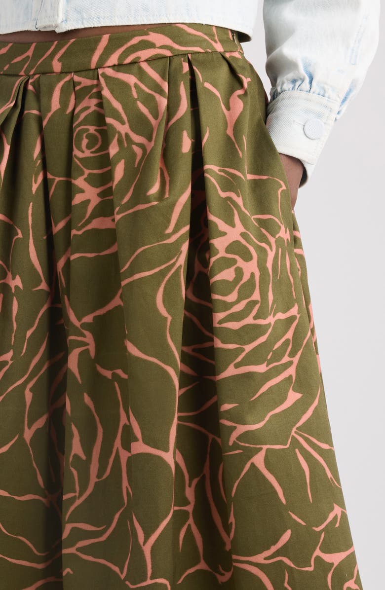 Dries Van Noten Soni Giant Couture Rose Print Pleated Cotton Poplin A-Line Midi Skirt, Alternate, color, Khaki