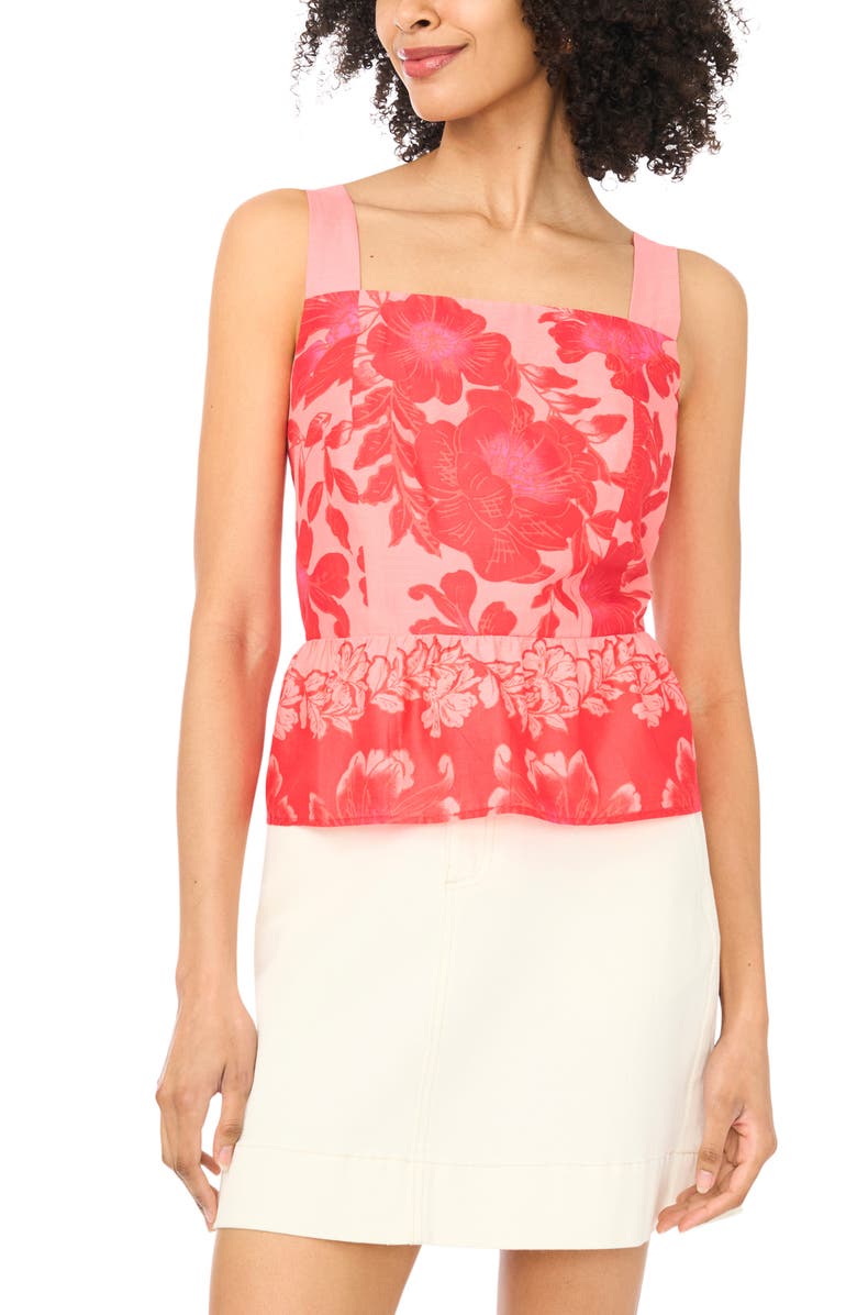 Vince Camuto Floral Cotton Peplum Top, Main, color, Lobster Red