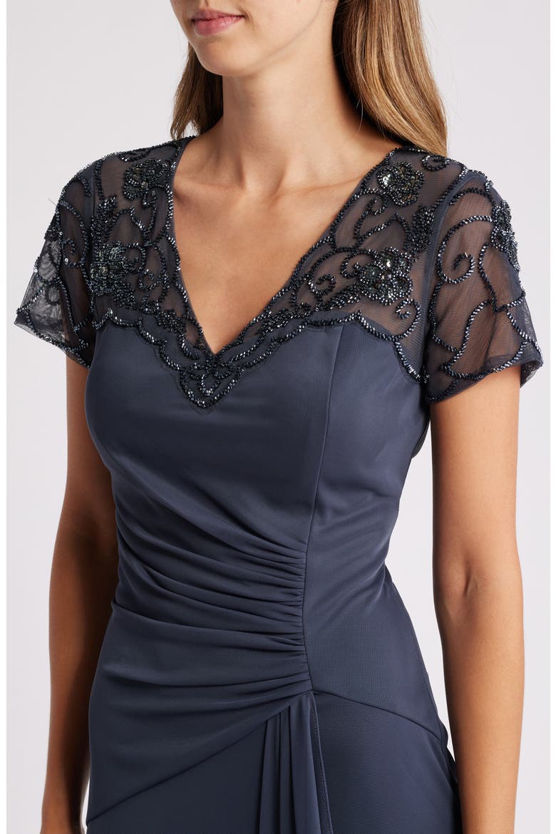 Beaded Short Sleeve Ruched Gown, Alternate, color, CHARCOAL BLUE