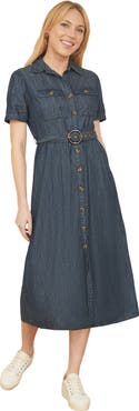 Yumi Chambray Denim Utility Midi Shirt Dress
