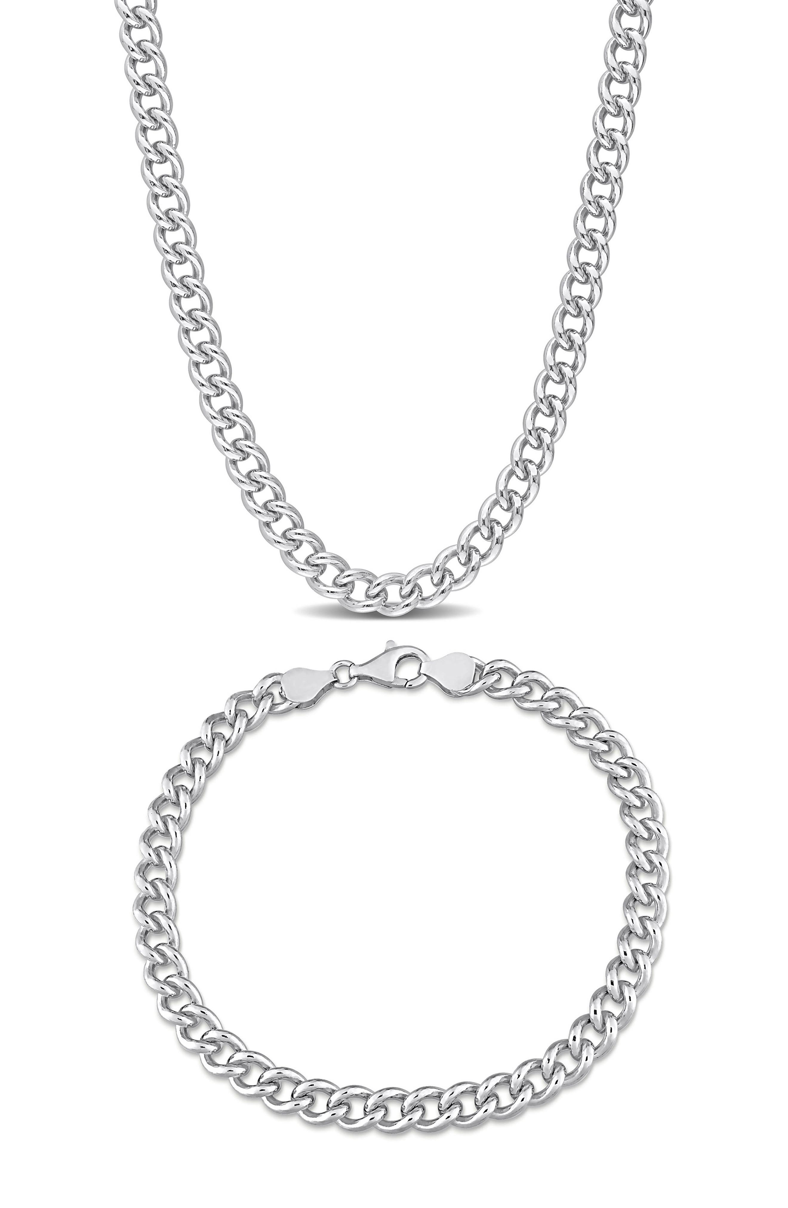 DELMAR Men's Sterling Silver Curb Chain Necklace & Bracelet Set
