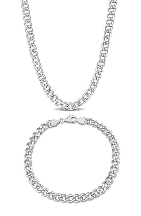 Men's Sterling Silver Curb Chain Necklace & Bracelet Set