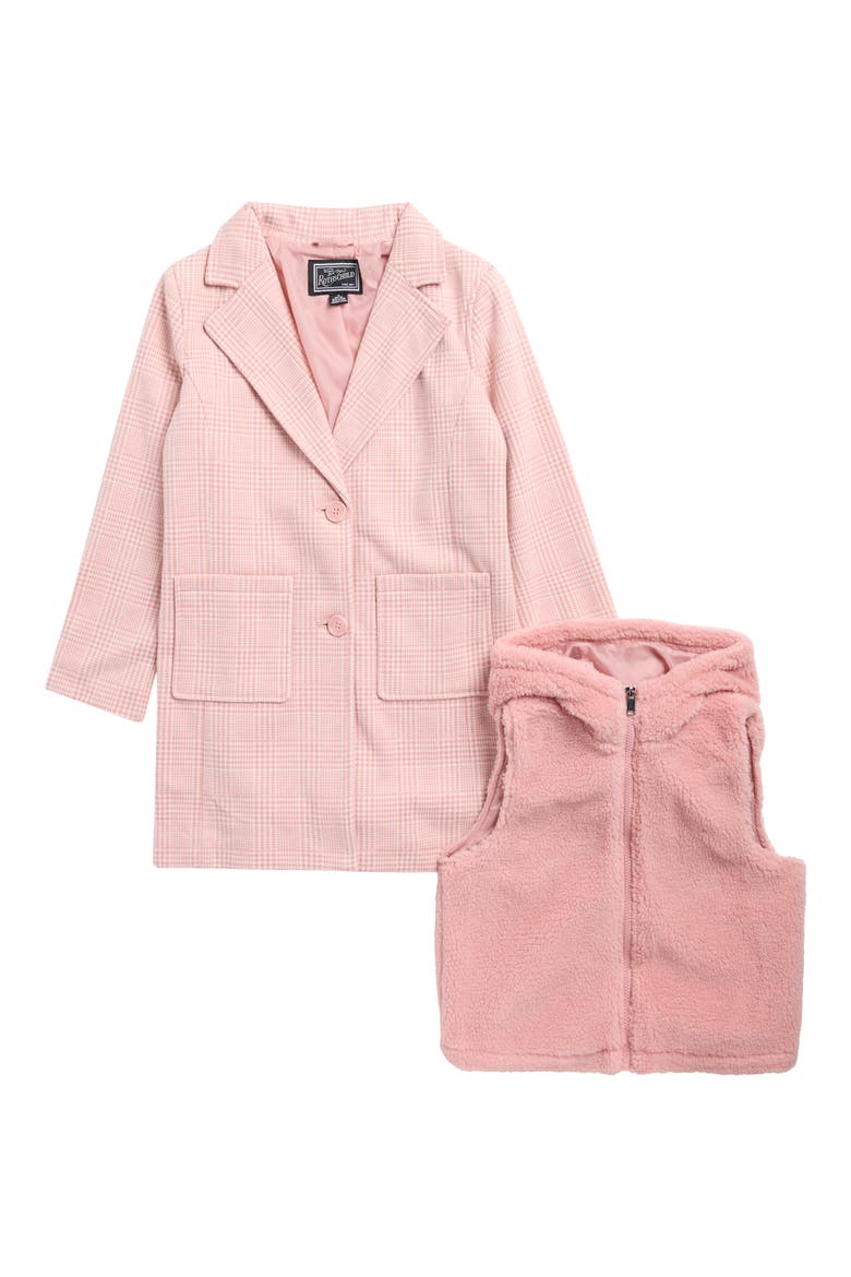 Kids' Plaid Jacket & Faux Fur Vest Set, Main, color, PINK/IVORY