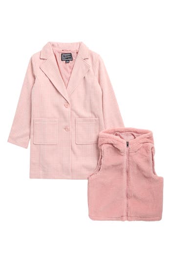 Rothschild Kids' Plaid Jacket & Faux Fur Vest Set In Pink