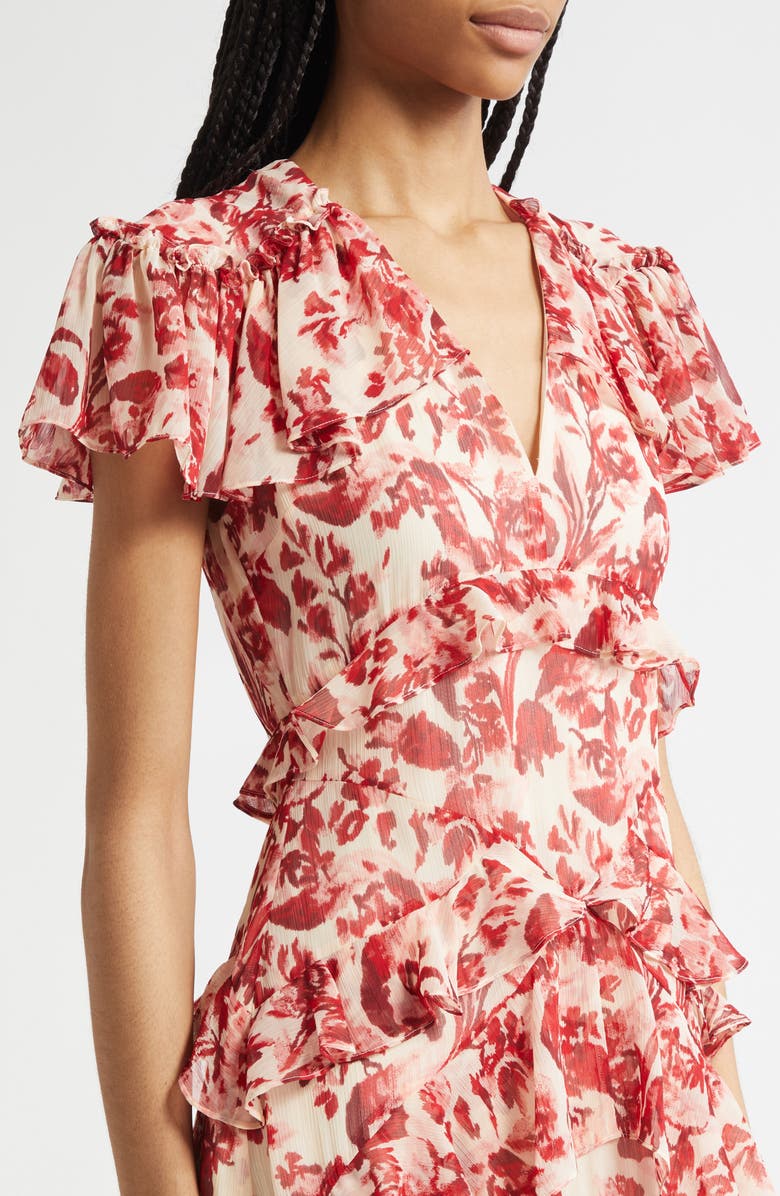 Cinq à Sept Tatum Floral Ribbons Ruffle Maxi Dress, Alternate, color, Cherry Rose Multi