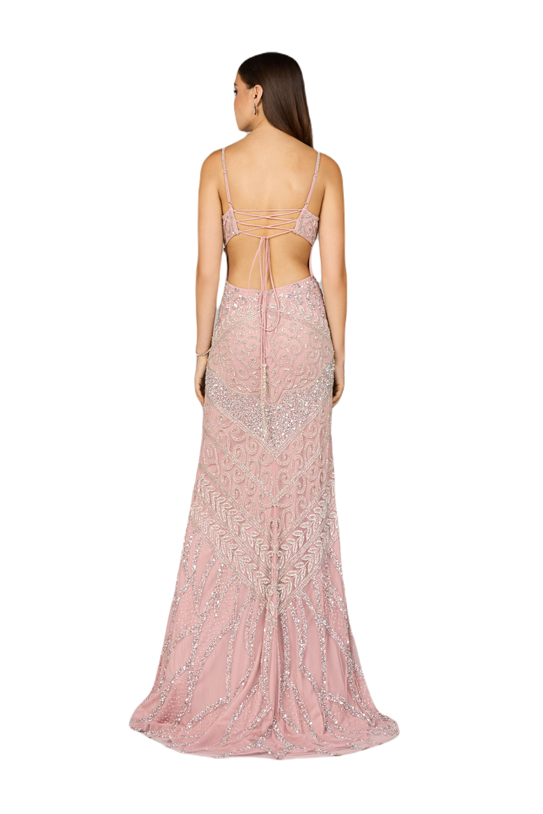 Embellished Gown with Slit And Low Back, Alternate, color, Cashmere