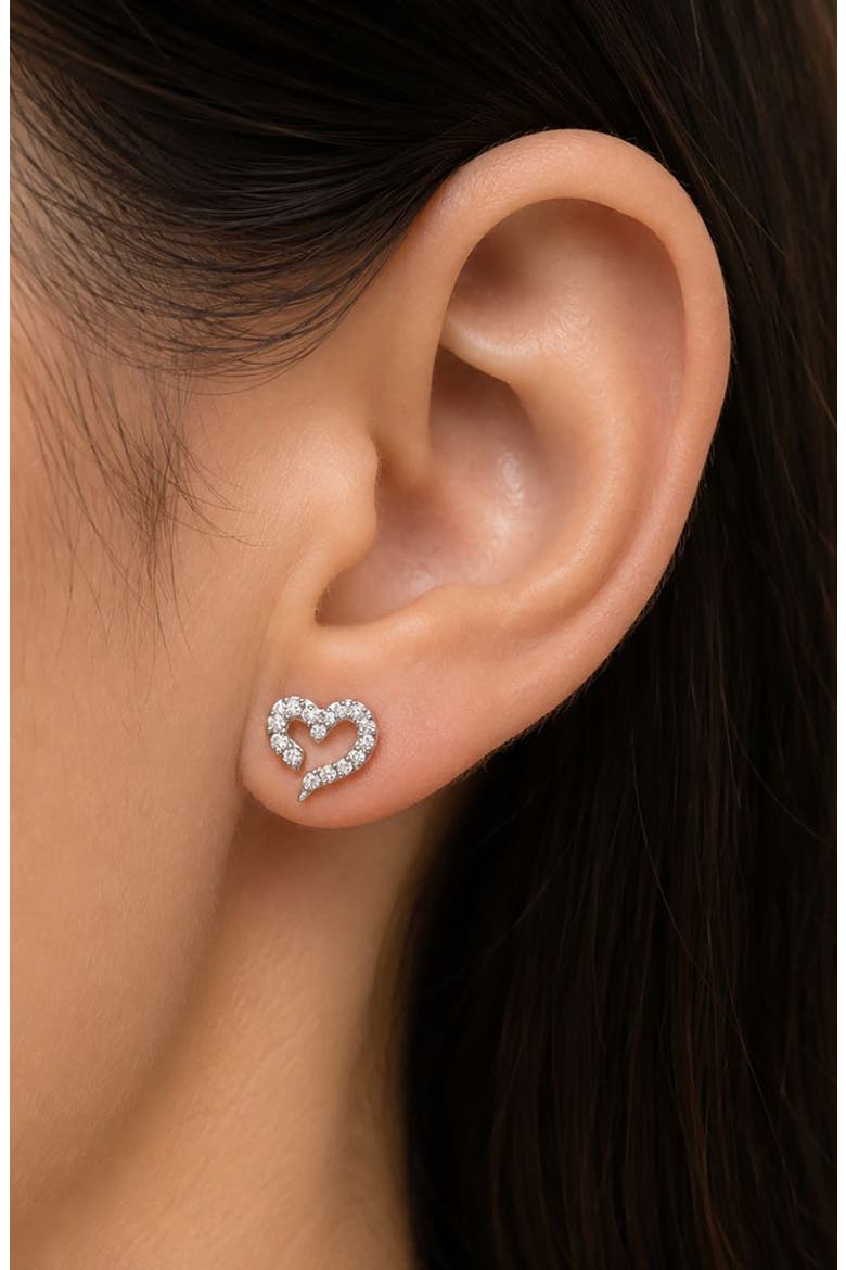 Cubic Zirconia Open Heart Stud Earring, Alternate, color, SILVER