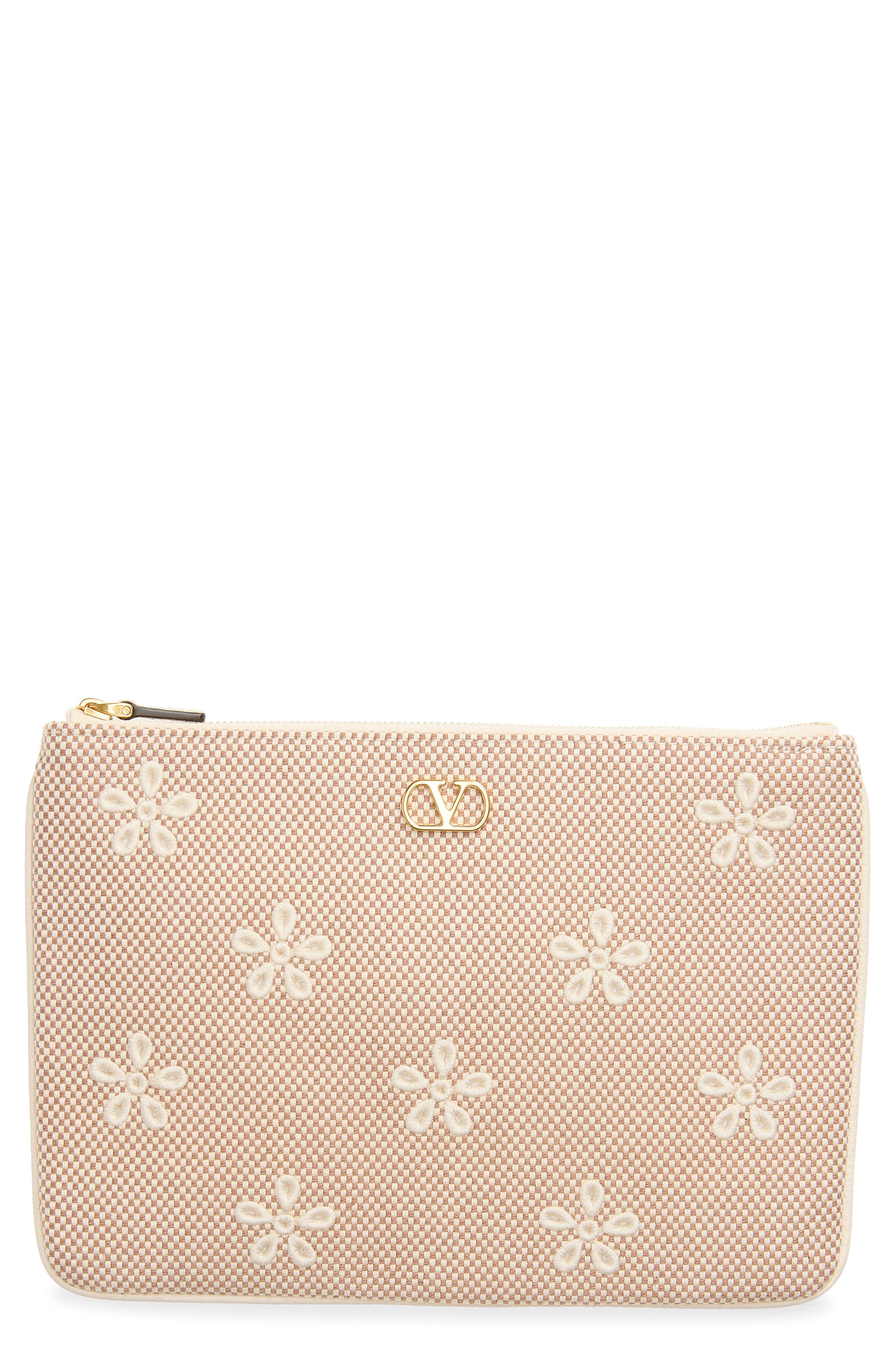 VLOGO Signature Medium Floral Embroidered Flat Pouch, Main, color, NATURAL