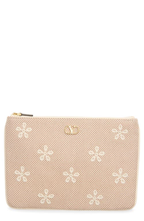 Valentino Garavani Vlogo Signature Medium Floral Embroidered Flat Pouch In Natural