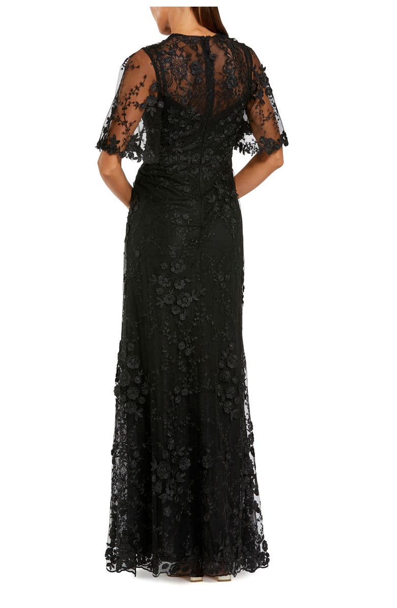 Mac Duggal Flutter Sleeve Floral Embroidered Net Gown, Alternate, color, Black