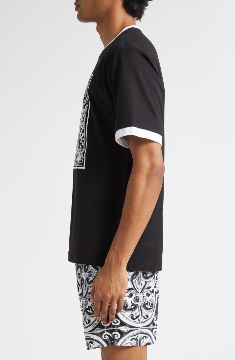Dolce&Gabbana Majolica Embroidered Ringer T-Shirt, Alternate, color, Nero