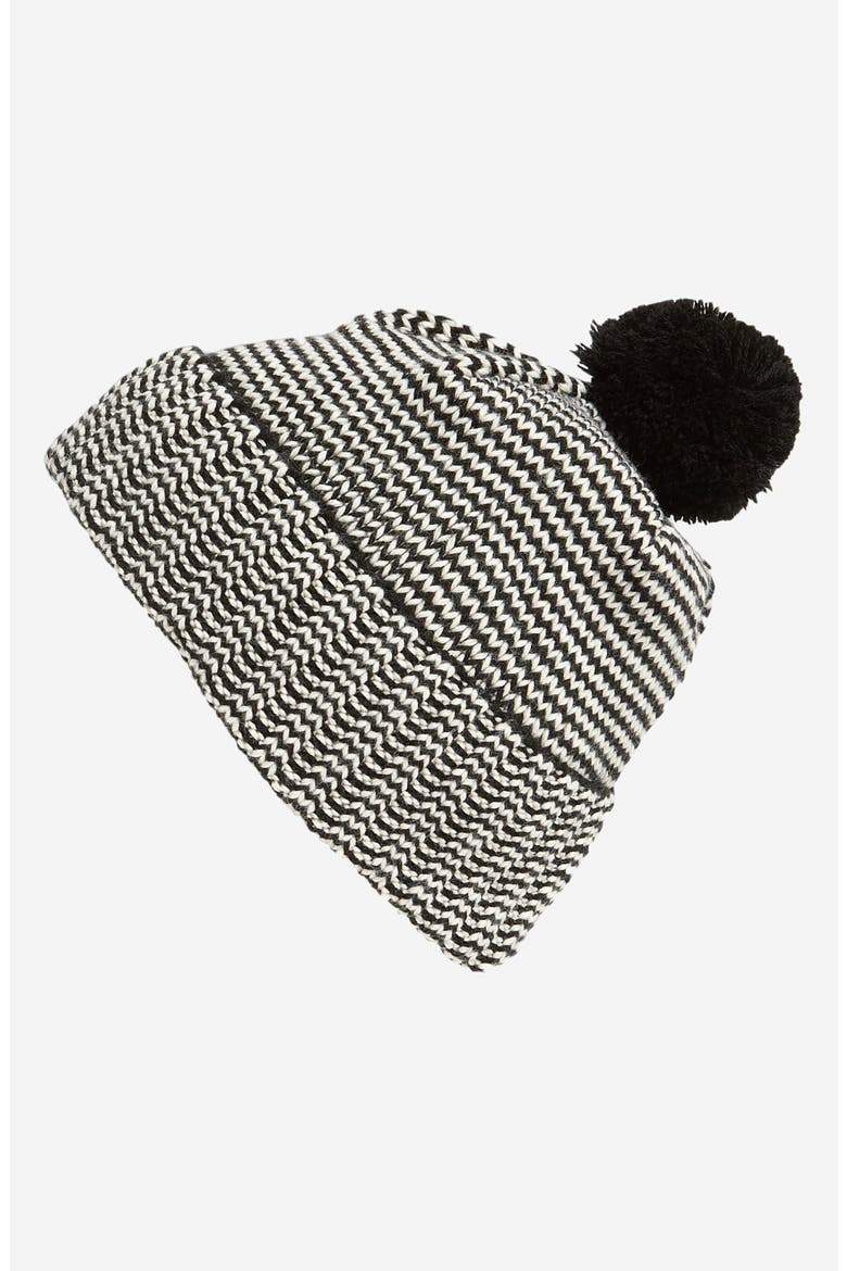 'Birdseye' Pompom Beanie, Main, color, BLACK