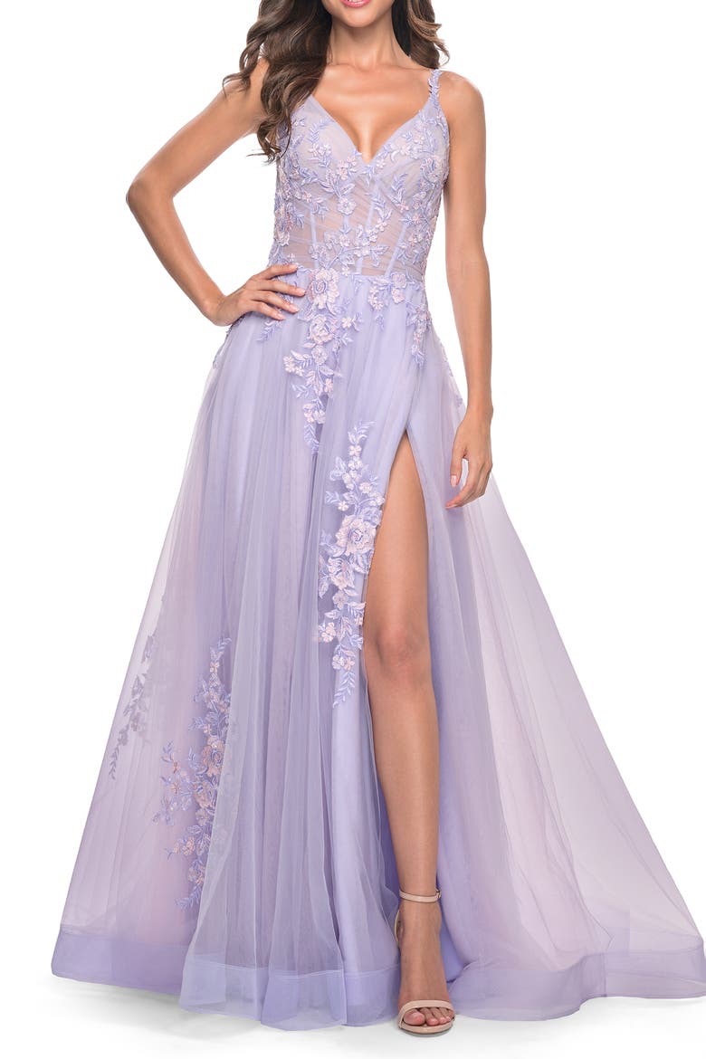 A-Line Tulle Prom Dress with Scattered Lace Applique, Main, color, Lavender