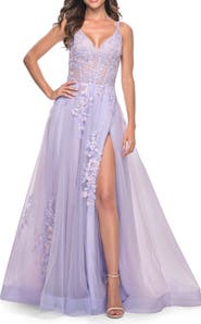 La Femme A-Line Tulle Prom Dress with Scattered Lace Applique