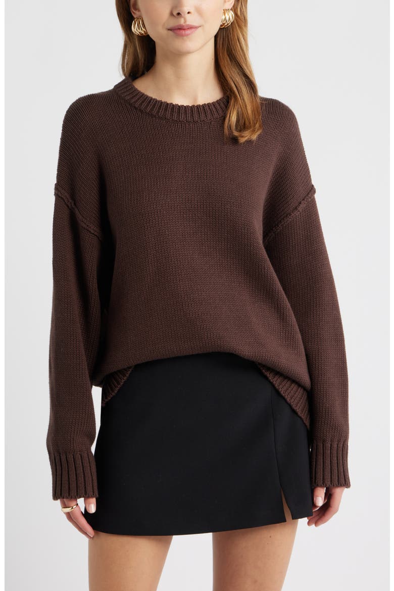 Oversize Crewneck Cotton Sweater, Main, color, BROWN SEAL