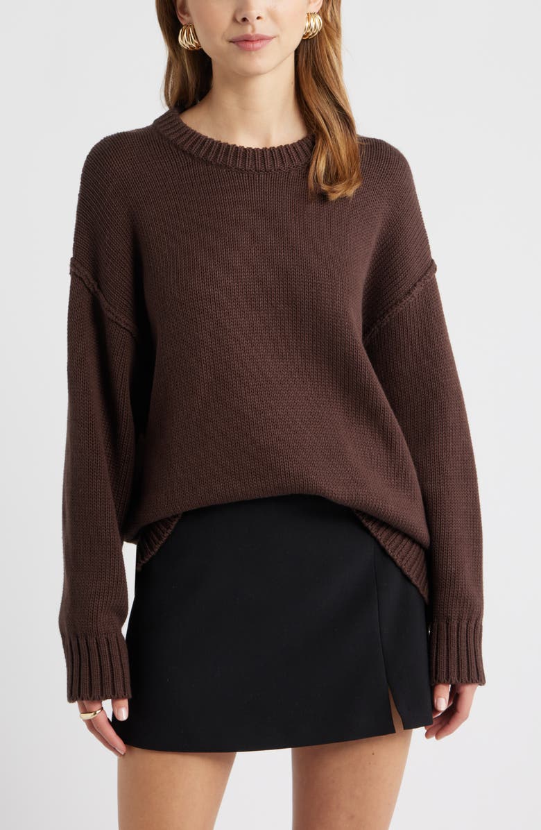 Open Edit Oversize Crewneck Cotton Sweater, Main, color, Brown Seal