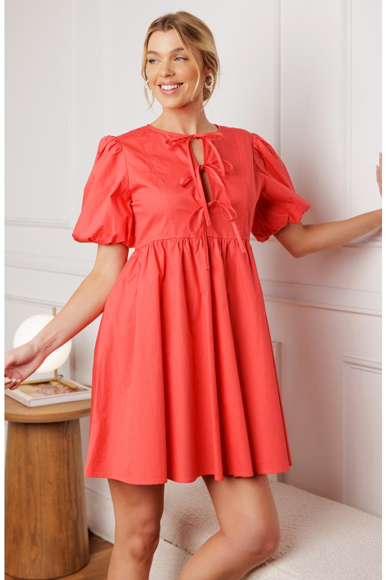Tie Front Short Sleeve Babydoll Minidress, Alternate, color, CORAL RED