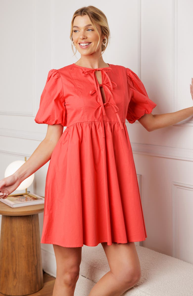 FLYING TOMATO Tie Front Short Sleeve Babydoll Minidress, Alternate, color, Coral Red
