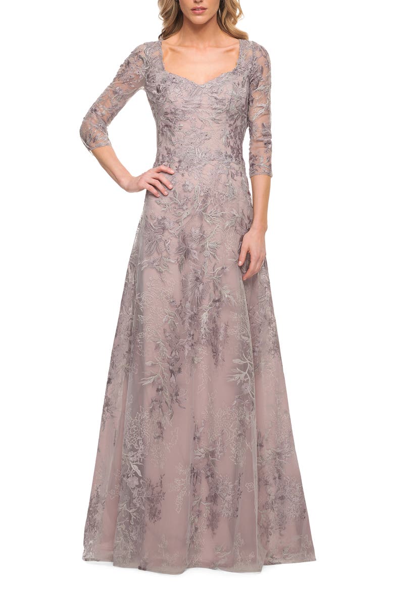 Floral Embroidered Mesh A-Line Gown, Alternate, color, SILVER/ PINK