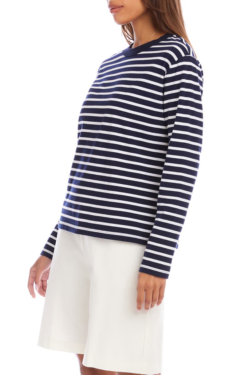 Karen Kane Stripe Crewneck Long Sleeve Cotton Top, Alternate, color, Navy/White
