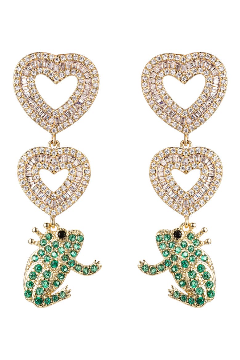 Pavé Cubic Zirconia Heart & Frog Prince Drop Earrings, Main, color, GOLD