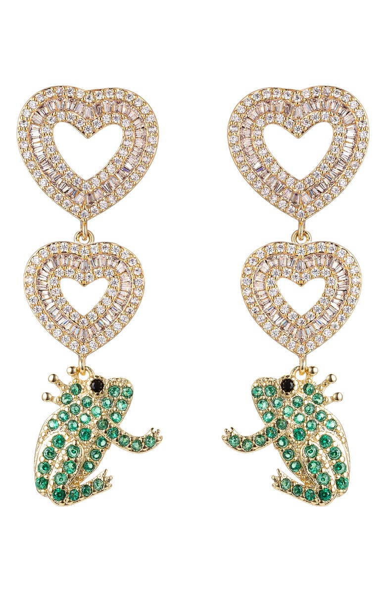 EYE CANDY LOS ANGELES Pavé Cubic Zirconia Heart & Frog Prince Drop Earrings, Main, color, Gold
