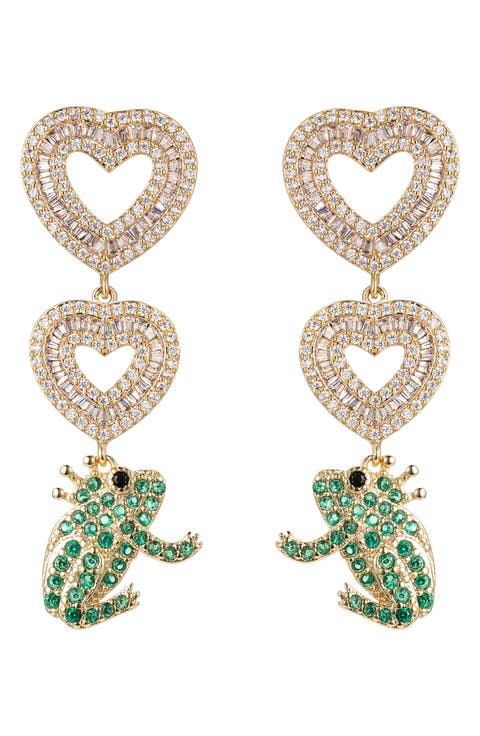 Pavé Cubic Zirconia Heart & Frog Prince Drop Earrings