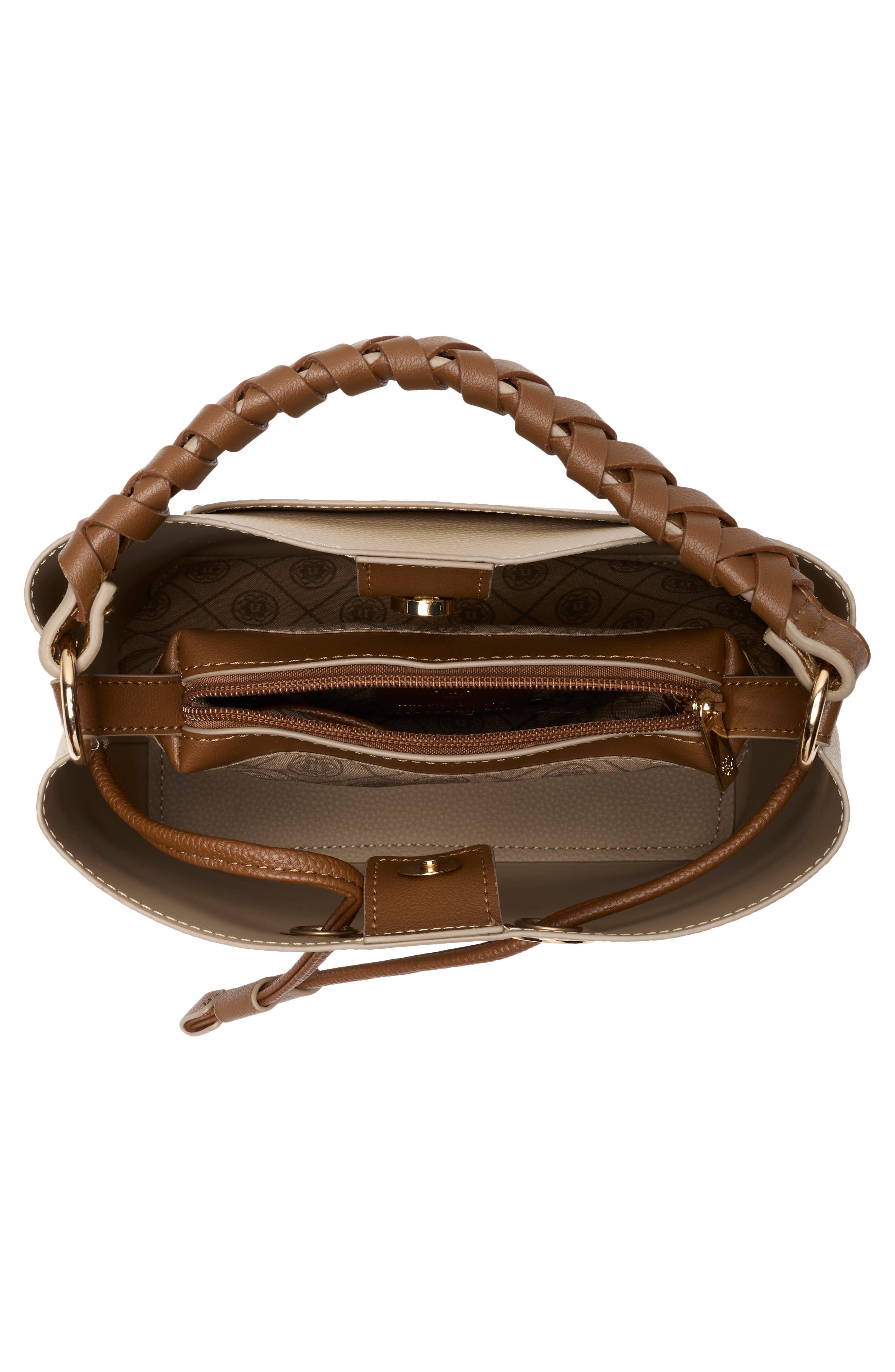 Faux Leather Bucket Bag with Braided Handle, Alternate, color, OATMEAL