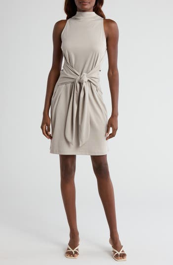 Shop Vince Sleeveless Mock Neck Dress In Peyote