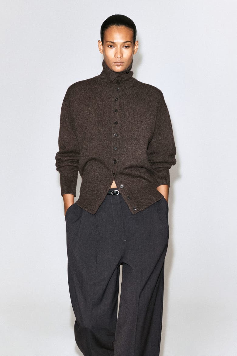 Sculpted Pure Cashmere Mock-neck Cardigan, Main, color, BROWN MÉLANGE